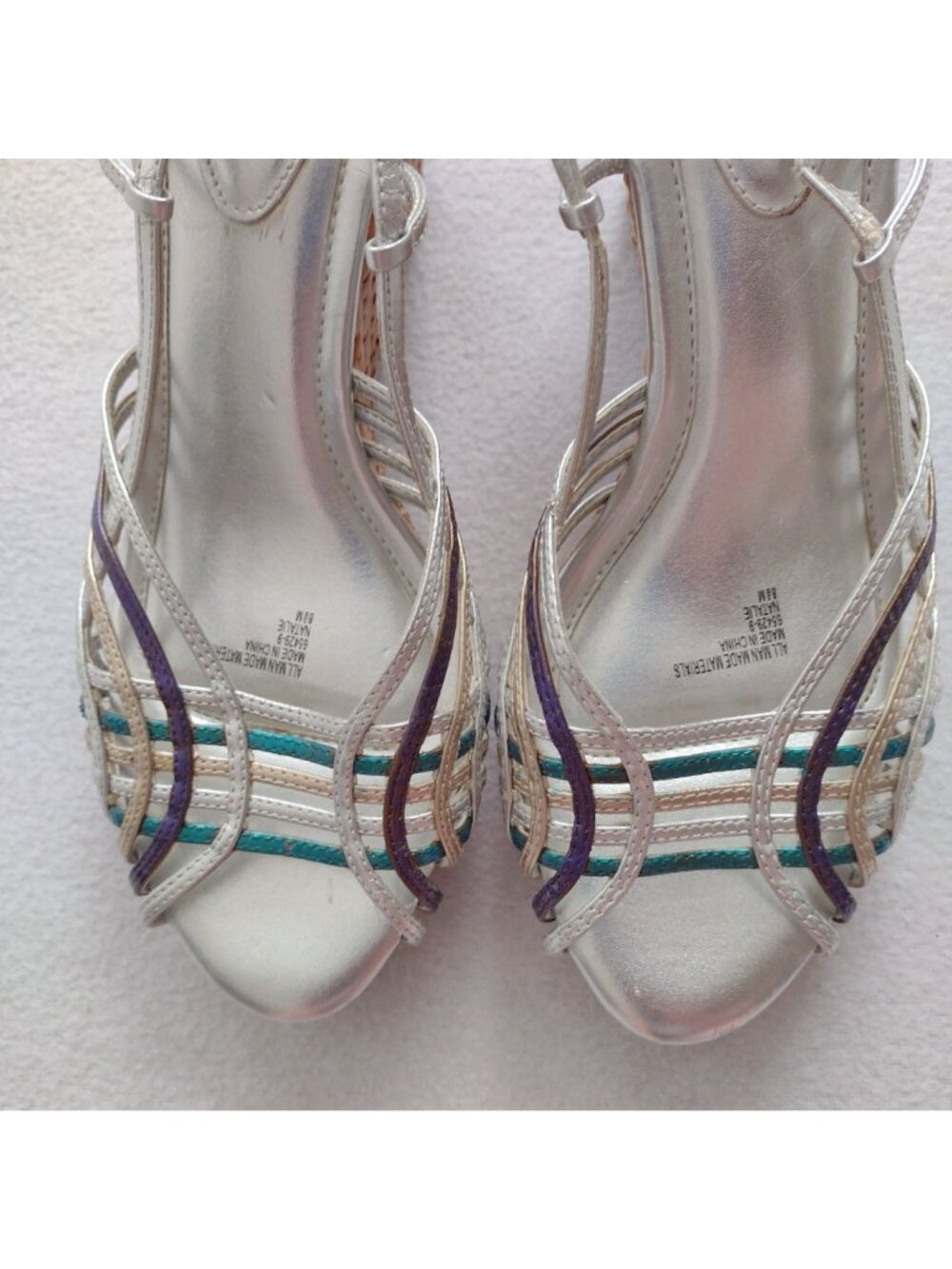 Connie Metallic Strappy Slingback Wedge 8.5 M Silver Straw Sandals - Picture 5 of 11